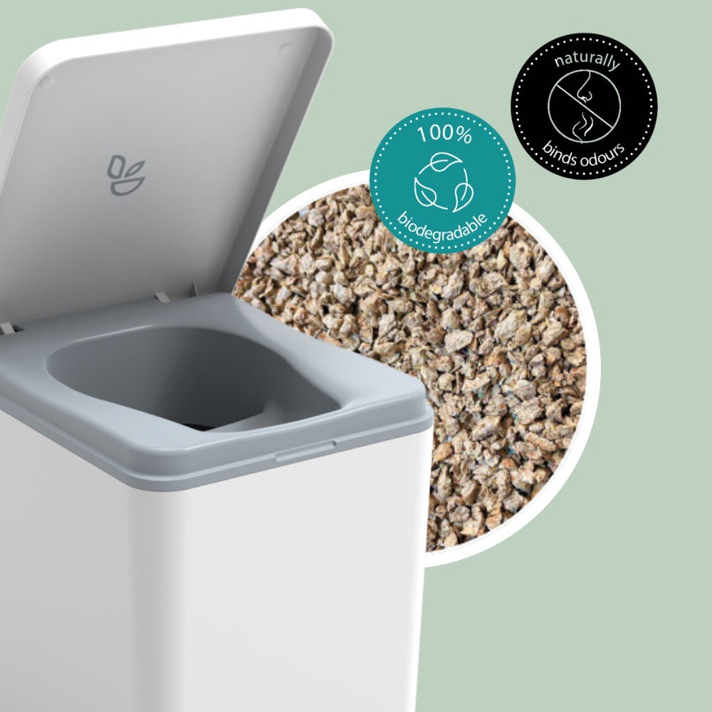 Weißte Trelino Evo mit geöffnetem Deckel und Nahaufnahme von natürlichem Streugut aus Weichholzfasern.