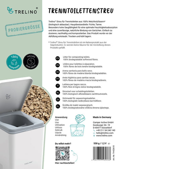 Trelino Trenntoilettenstreu 1,2 Liter Probe, Beutel mit Naturstreu und detaillierter Produktinfo.