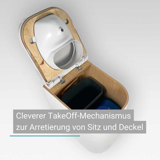 Composting toilet with open lid, made of wood with plastic surface and white divider insert.