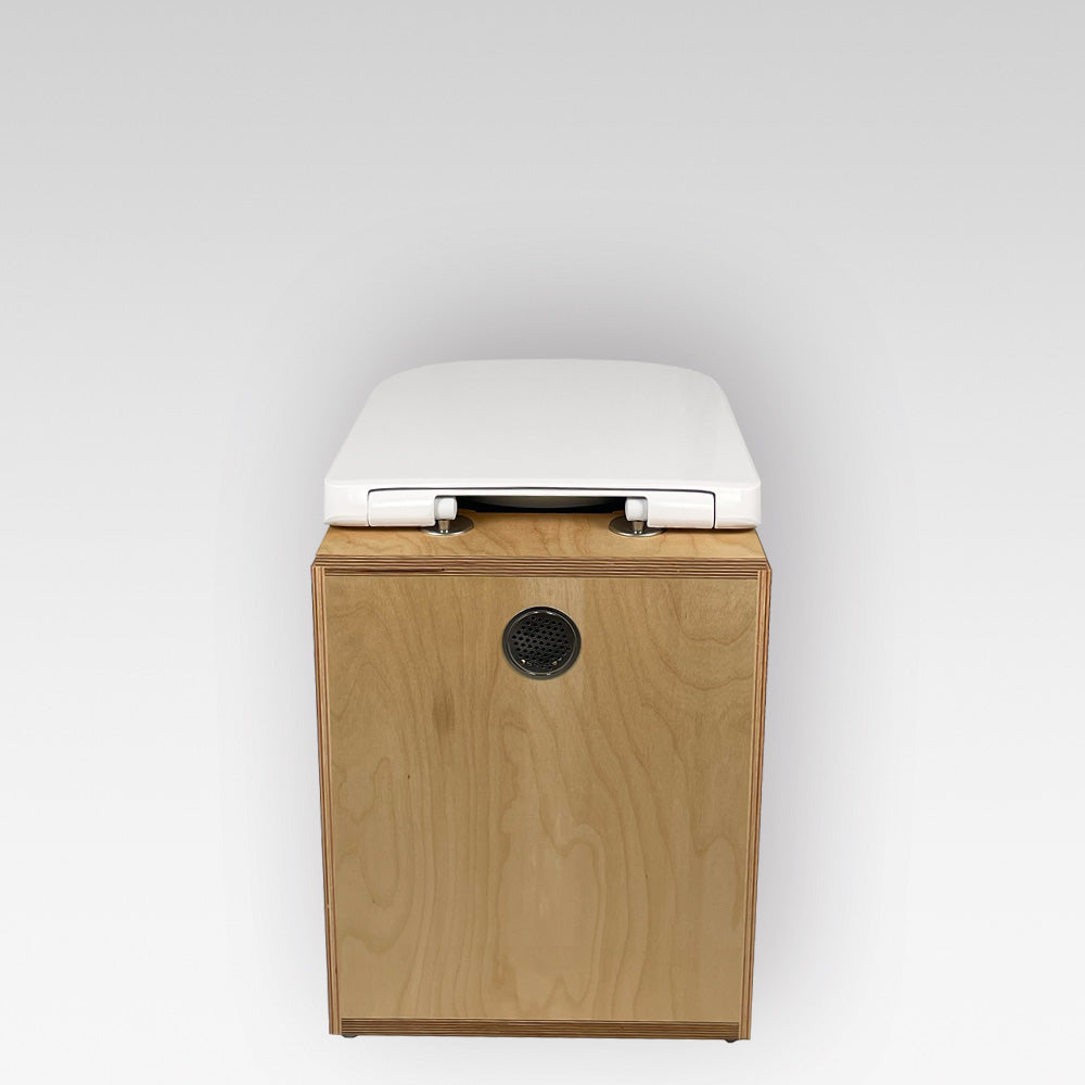 Trenntoilette aus Holz mit weißem Deckel, modernes Design, kompakte Form.