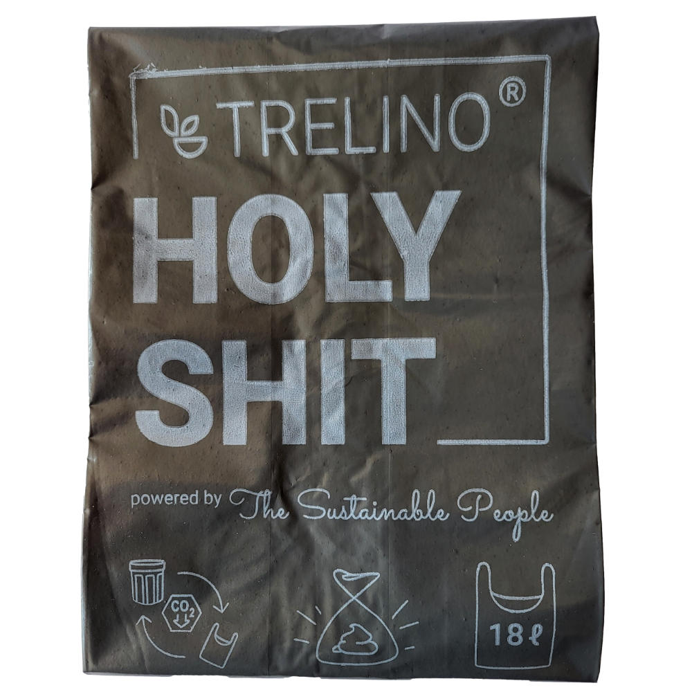 Dunkle Trelino Holy Shit Recycling-Tüte mit weißem Druck, 18 Liter Fassungsvermögen.