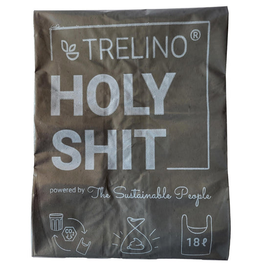 Dunkle Trelino Holy Shit Recycling-Tüte mit weißem Druck, 18 Liter Fassungsvermögen.