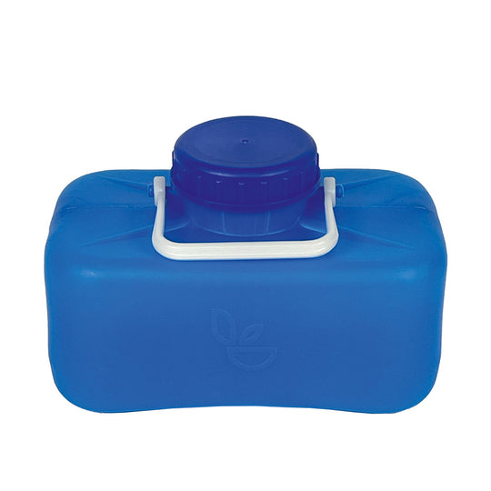 Blauer 5-Liter Urinbehälter aus Kunststoff mit Schraubdeckel und weißem Tragegriff.