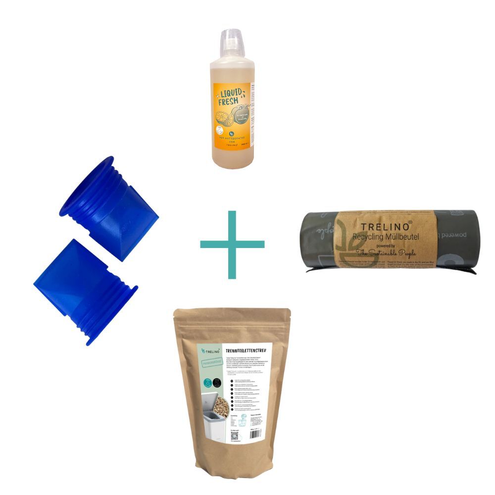 Flasche Liquid Fresh, zwei blaue Membrane, braune Recyclingbeutel und Trelino® 7L Streu.