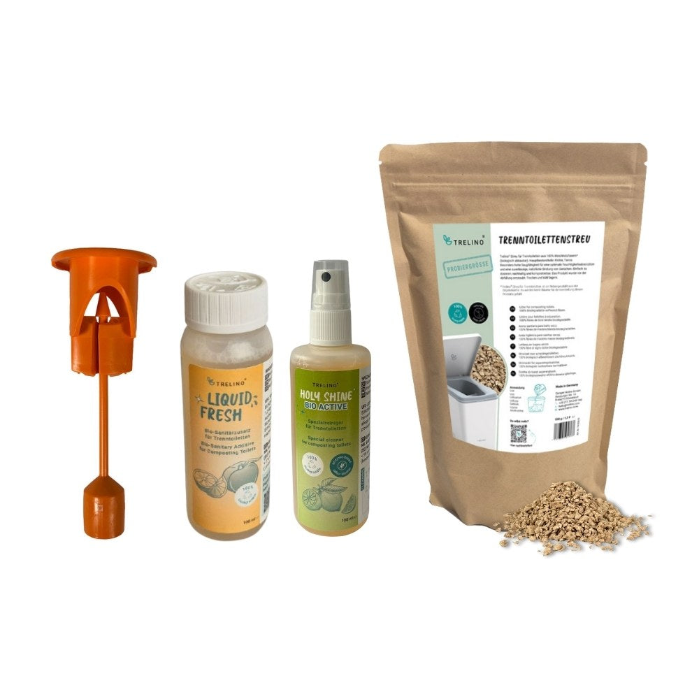 Zubehör-Set für Trockentrenntoiletten bestehend aus Füllstandsanzeige, Liquid fresh, Holy Shine und Streu