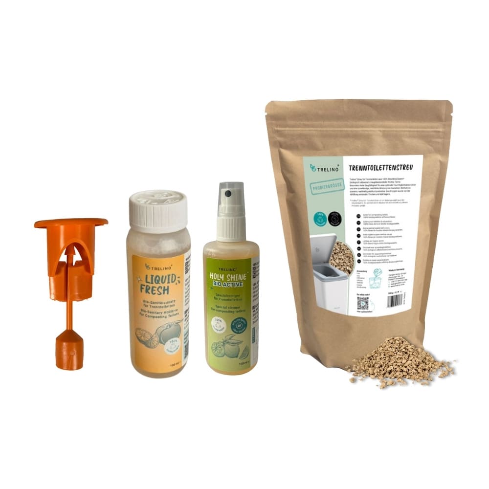 Zubehör-Set für Trenntoiletten bestehend aus Füllstandsanzeige, Liquid fresh, Holy Shine und Streu