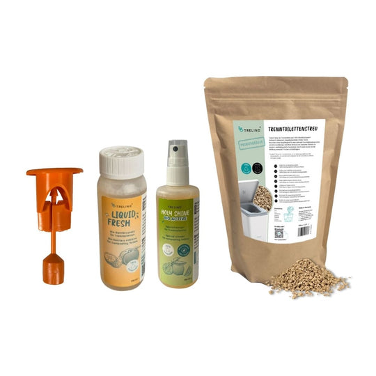 Zubehör-Set für Trenntoiletten bestehend aus Füllstandsanzeige, Liquid fresh, Holy Shine und Streu