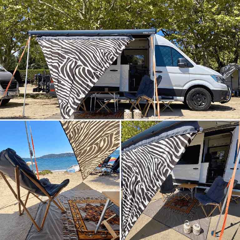 Bent Tarp am Fahrzeug im Zebramuster