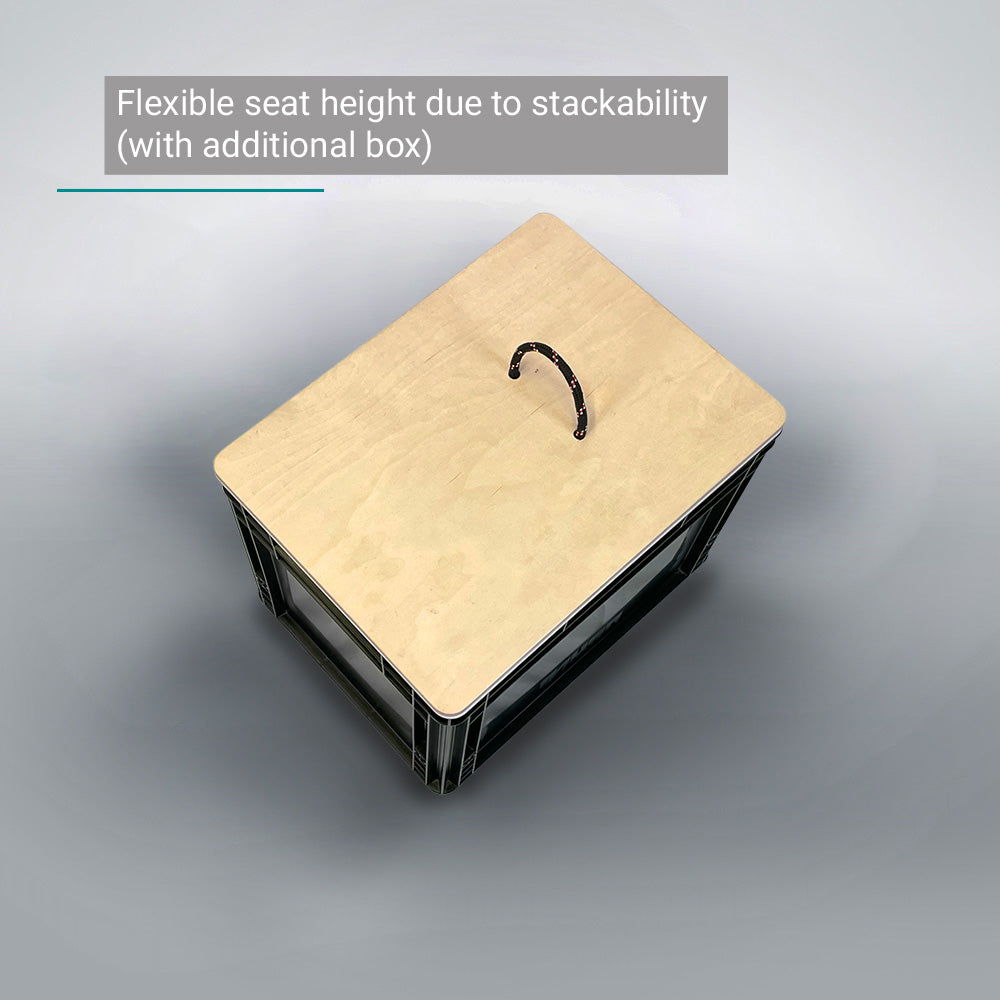 Compact Eurobox camping toilet with black body and light wood lid with practical handle.