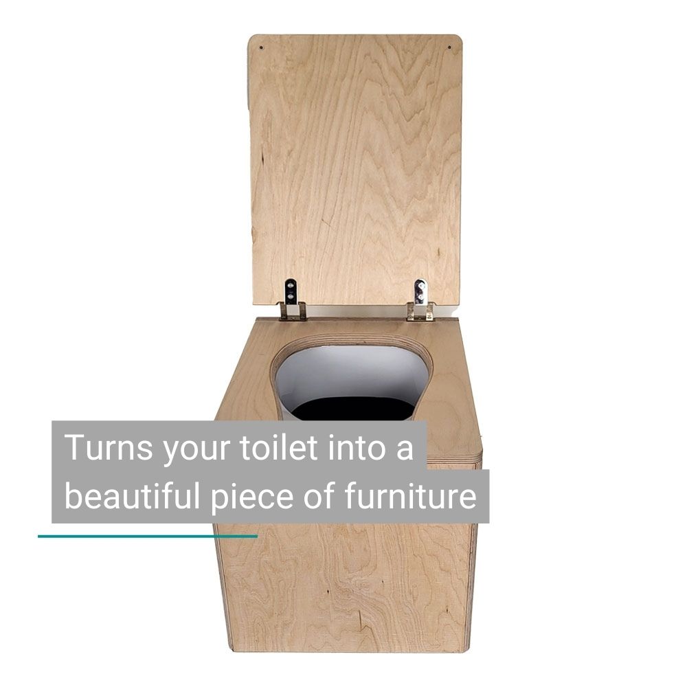 DIY compost toilet made of light wood with an open lid and oval divider insert.