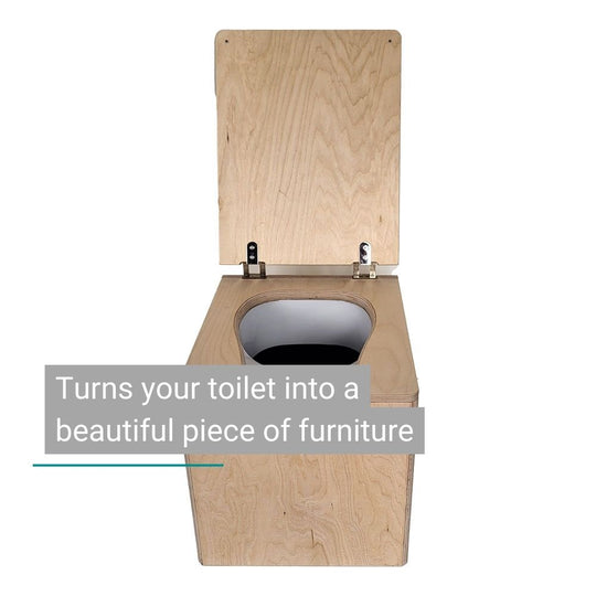 DIY compost toilet made of light wood with an open lid and oval divider insert.