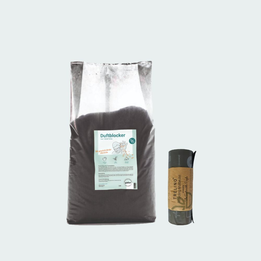 20L Kompoststreu und schwarze Rolle mit einer Packung 18L-Beutel.