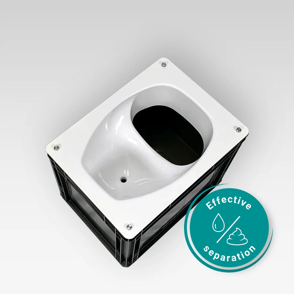 Kompakte Eurobox Campingtoilette mit weißem Sitz und schwarzem Korpus, günstig und autark.