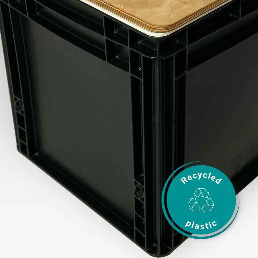 Schwarzes Eurobox Campingklo aus recyceltem Kunststoff, günstige autarke Campingtoilette.