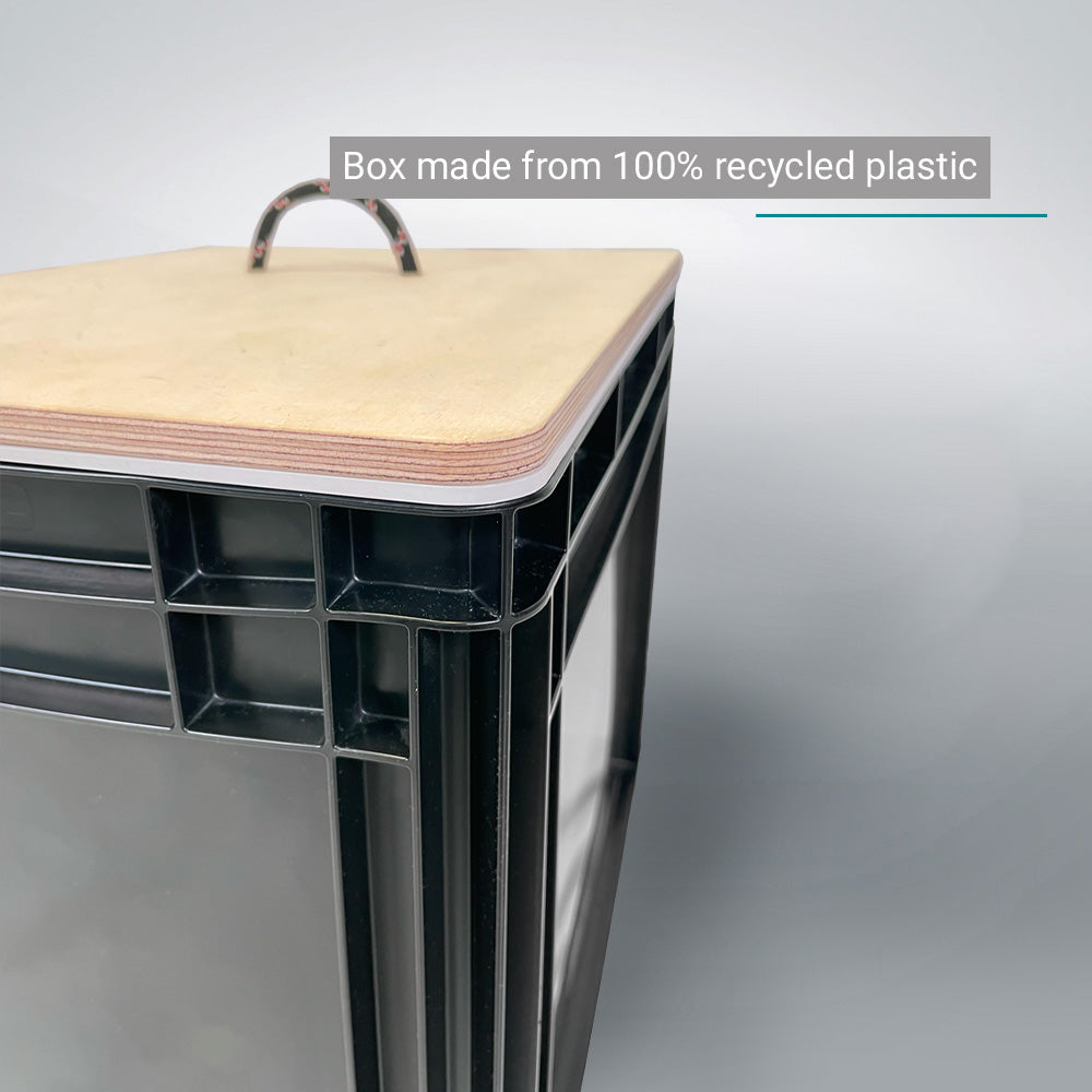 Square black Eurobox container made from 100% recycled plastic with a light wood lid and fabric handle.