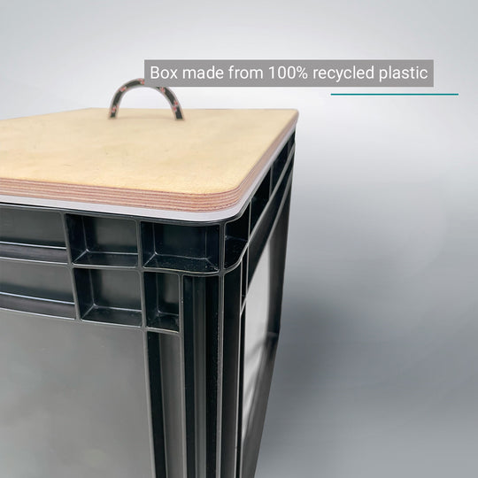 Square black Eurobox container made from 100% recycled plastic with a light wood lid and fabric handle.