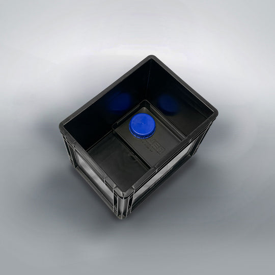 Black DIY Eurobox composting toilet with blue urine canister cap.