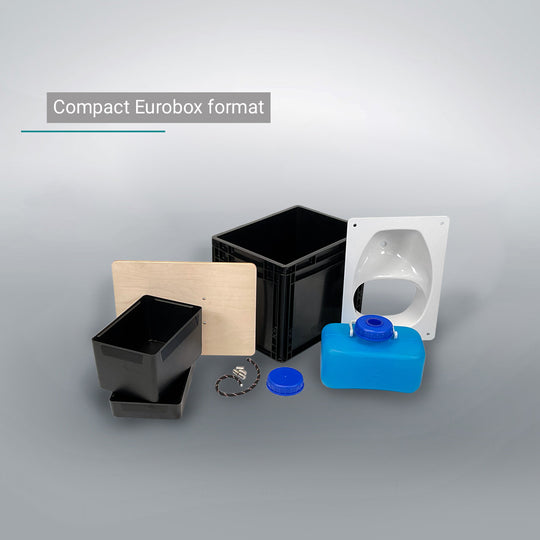 DIY Eurobox composting toilet set with black solid waste container, white seat, and blue water tank.