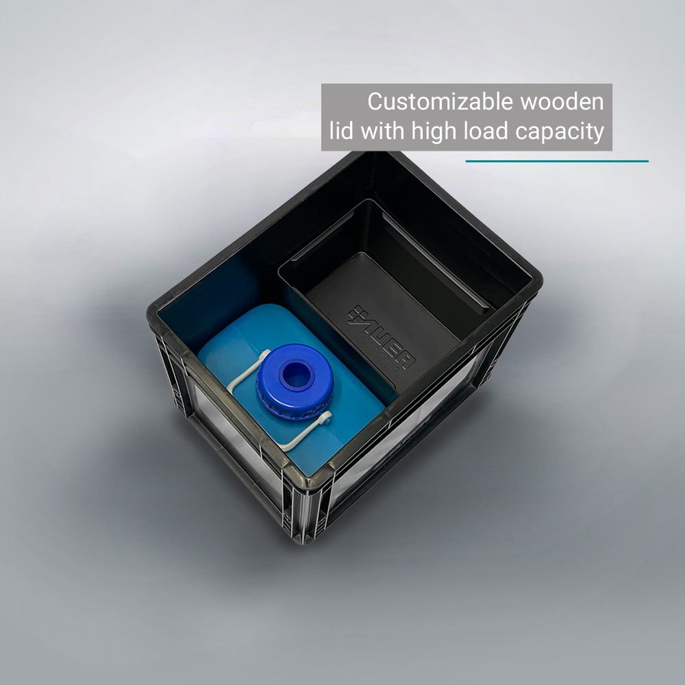 Black DIY Eurobox composting toilet with blue urine canister and customizable wooden lid.