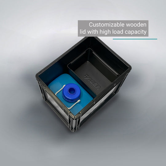 Black DIY Eurobox composting toilet with blue urine canister and customizable wooden lid.