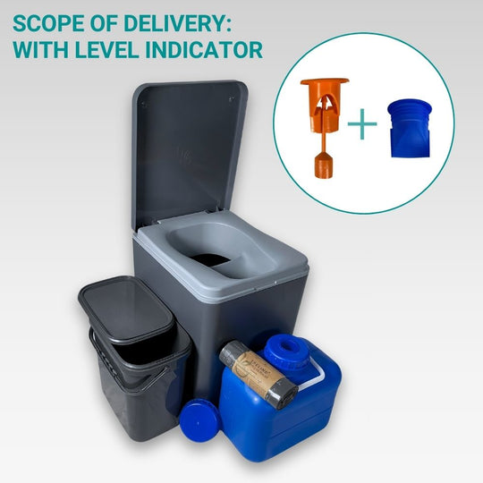 Anthracite Trelino Evo L compost toilet set with urine canister, black solid waste container, and fill level indicator.