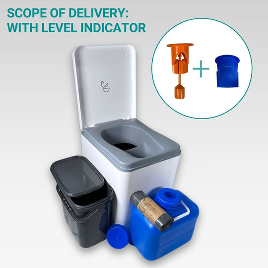 White Trelino Evo L separation toilet set with urine canister, black solid waste container, and fill level indicator.