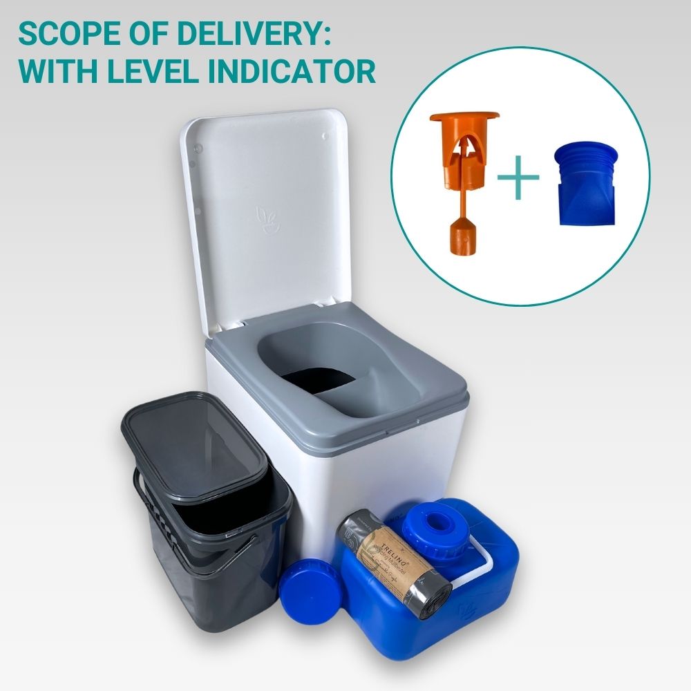 White-colored Trelino Evo M dry separation toilet with accessories and fill level indicator