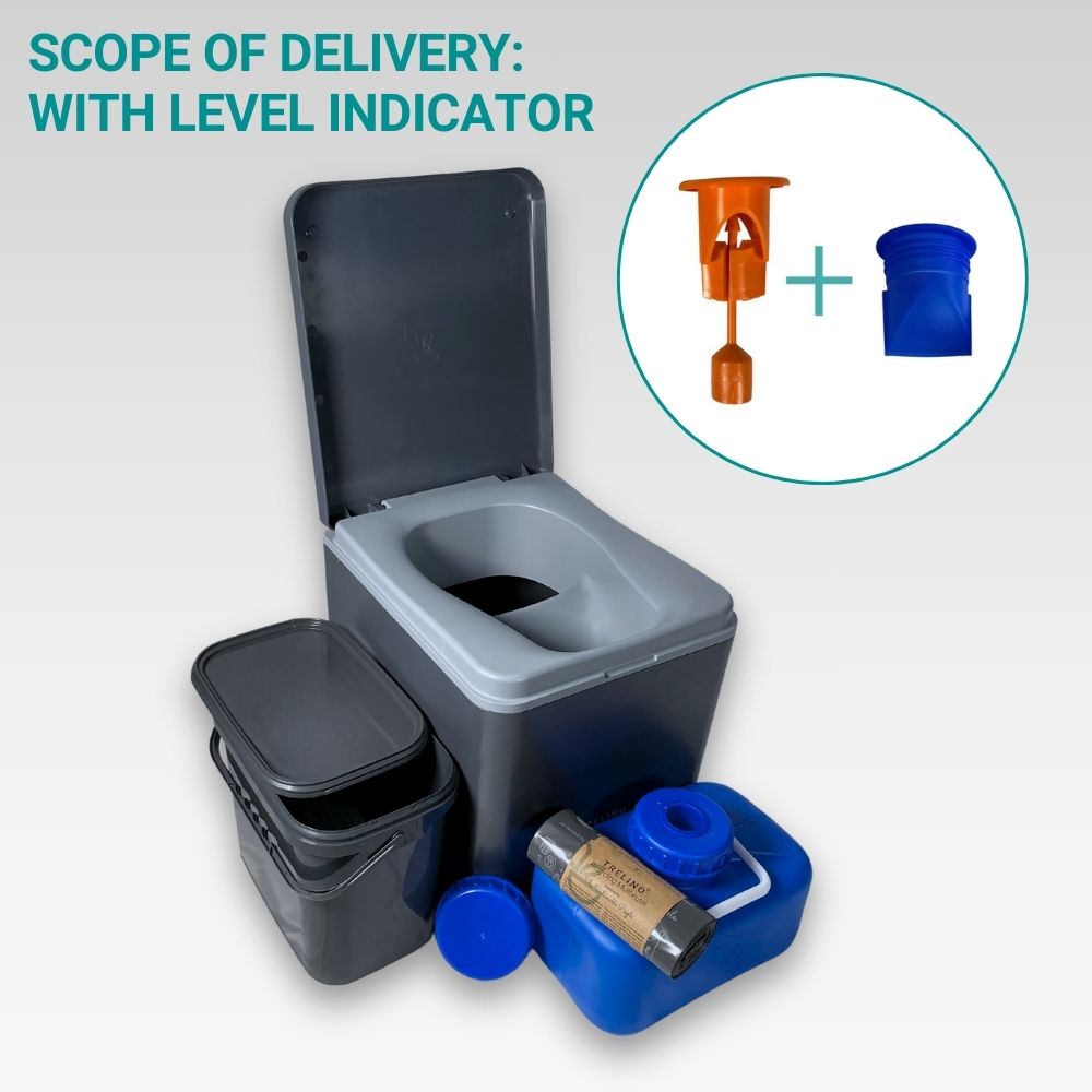 Anthracite-colored Trelino Evo M dry separation toilet with accessories and fill level indicator.