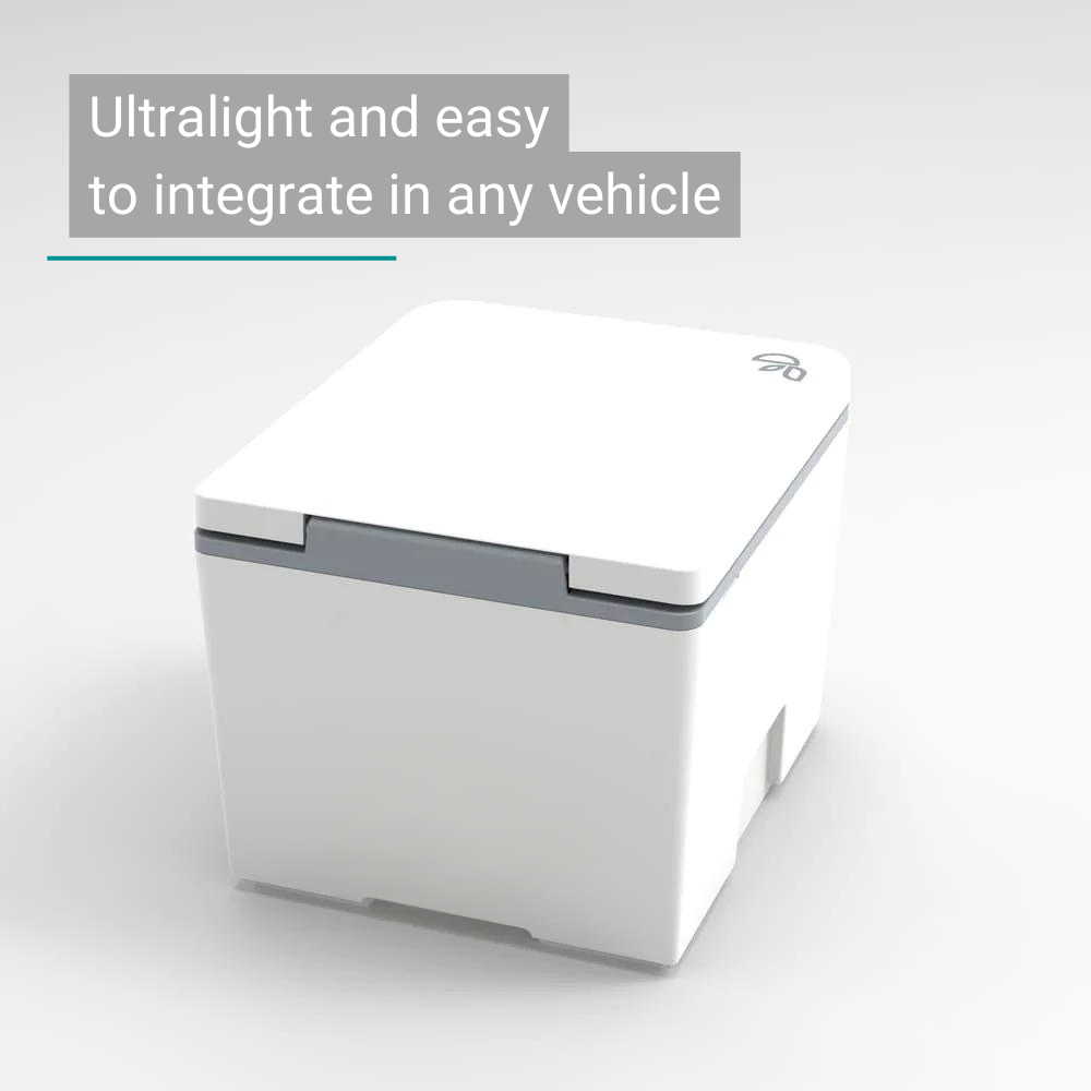 Compact white composting toilet with gray sit, simple modern design.