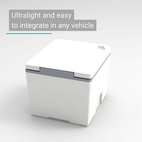 Compact white composting toilet with gray sit, simple modern design.