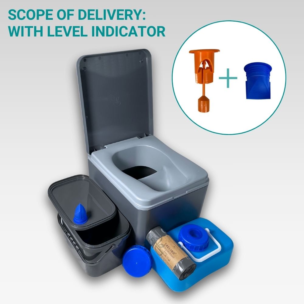 Trelino Evo S composting toilet in anthracite with open lid, integrated seat, accessories, and fill level indicator.