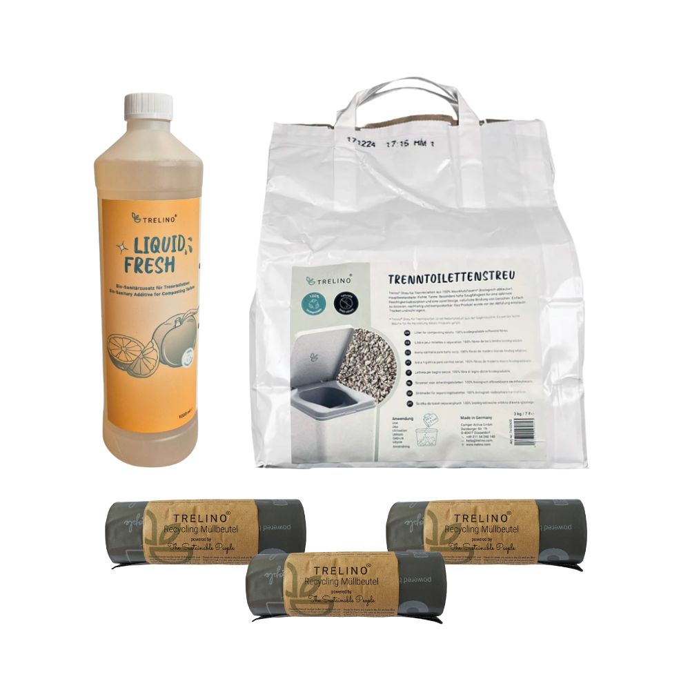 Komplettes Geruchskontrollset mit Urinzusatzflasche, 7L Streu und drei schwarzen Müllbeutelrollen.