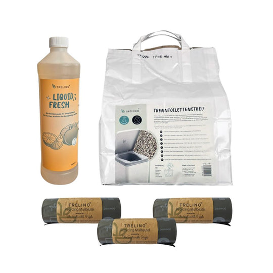 Komplettes Geruchskontrollset mit Urinzusatzflasche, 7L Streu und drei schwarzen Müllbeutelrollen.