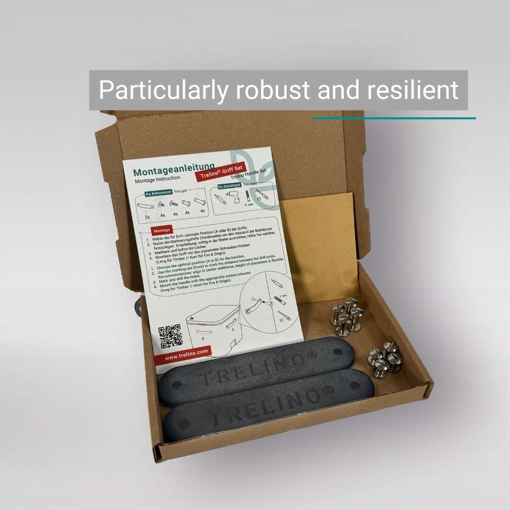 Offene Verpackung mit zwei schwarzen Trelino® Griffen aus Kunststoff und Montageanleitung.
