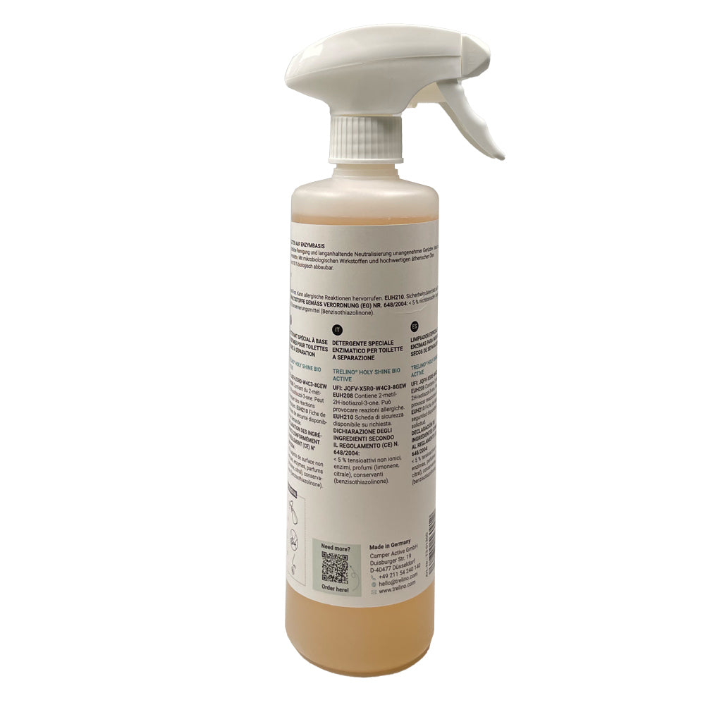 Holy Shine Bio Active Sprühflasche mit Flüssigkeit, beschriftet mit mehrsprachigem Text und QR-Code.