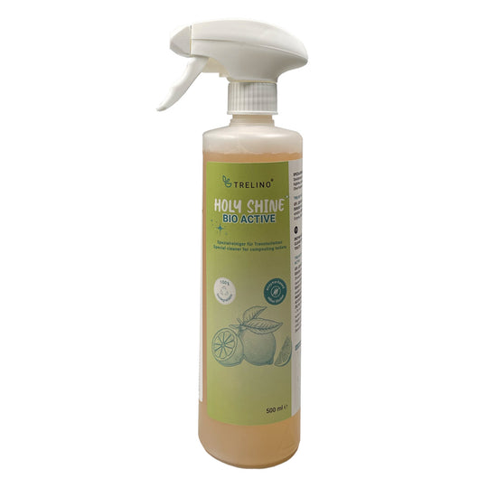Trelino Holy Shine Bio Active Sprühflasche mit grünem Zitrus-Etikett und weißem Sprühkopf, 500ml.