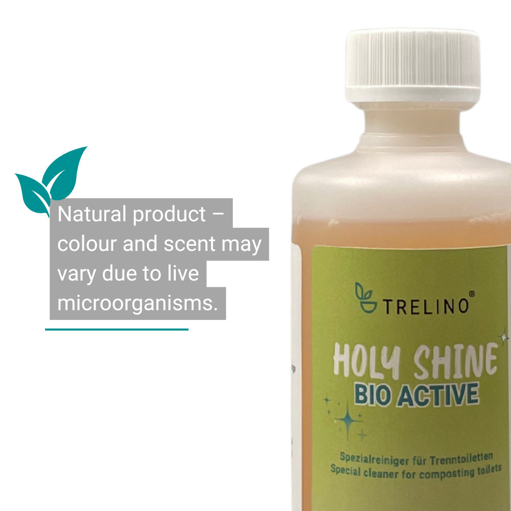 Flasche Trelino Holy Shine Bio Active Flüssigreiniger mit weißem Verschluss und grün-gelbem Etikett.