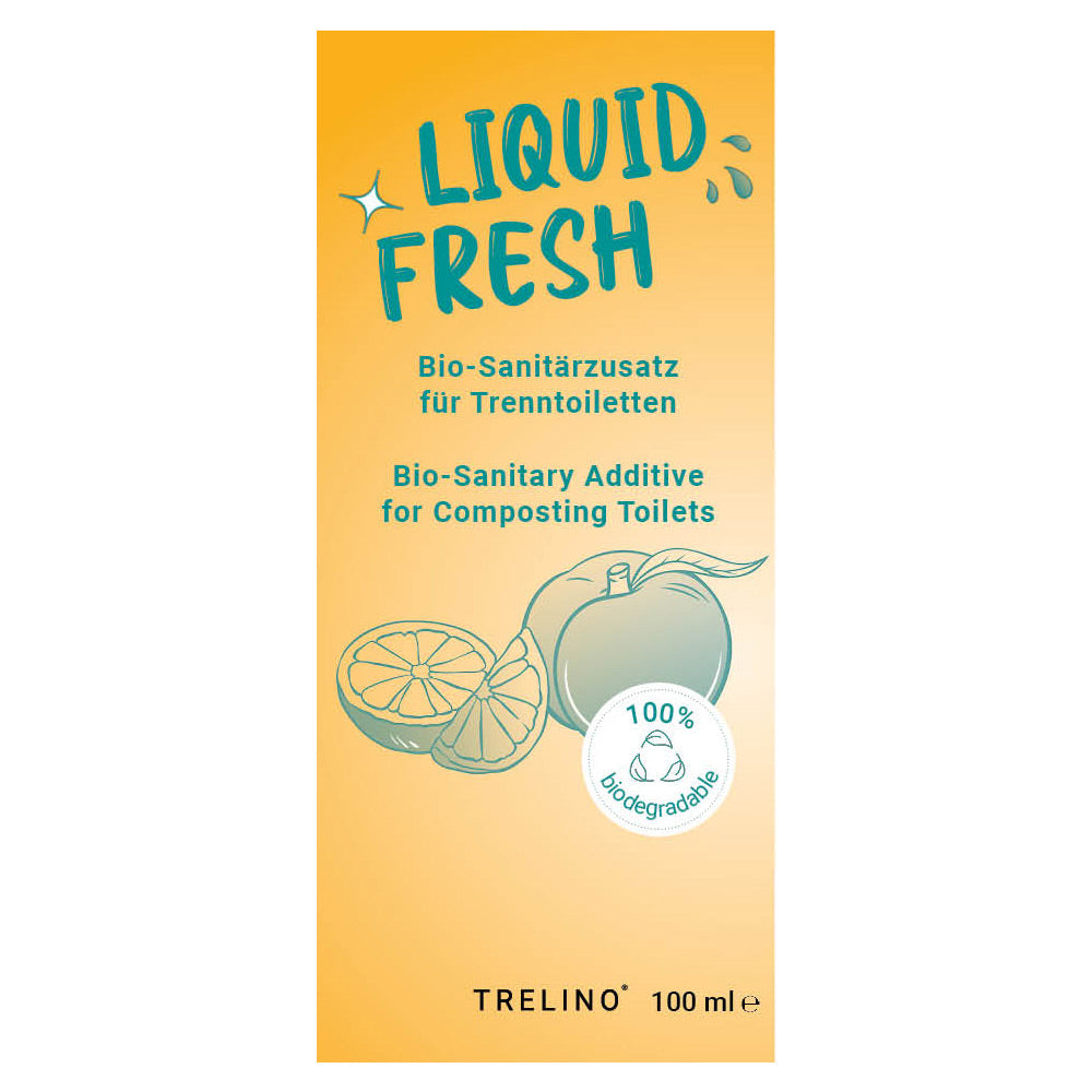 Biologischer Sanitätszusatz Liquid Fresh für Trenntoiletten 100 ml mit Zitronenillustration.