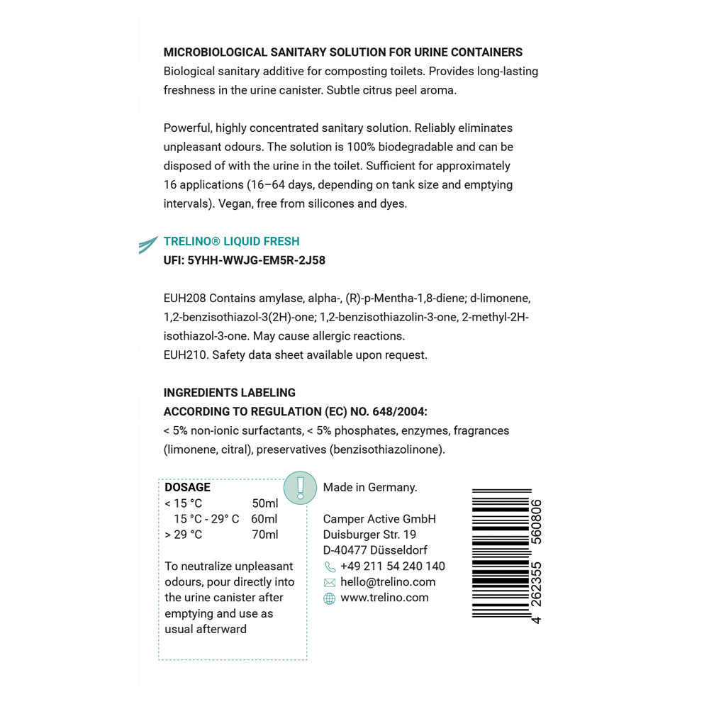 Weißes Etikett mit schwarzem Text und Barcode für biologischen Zusatzstoff Liquid Fresh.