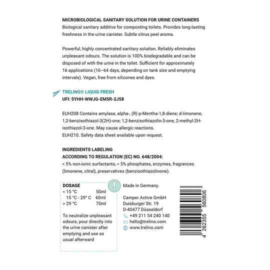 Weißes Etikett mit schwarzem Text und Barcode für biologischen Zusatzstoff Liquid Fresh.