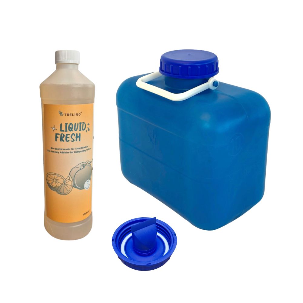 Blauer Kunststoff-Kanister mit Henkel und Schraubverschluss, daneben Liquid Fresh mit Deckel und Membran