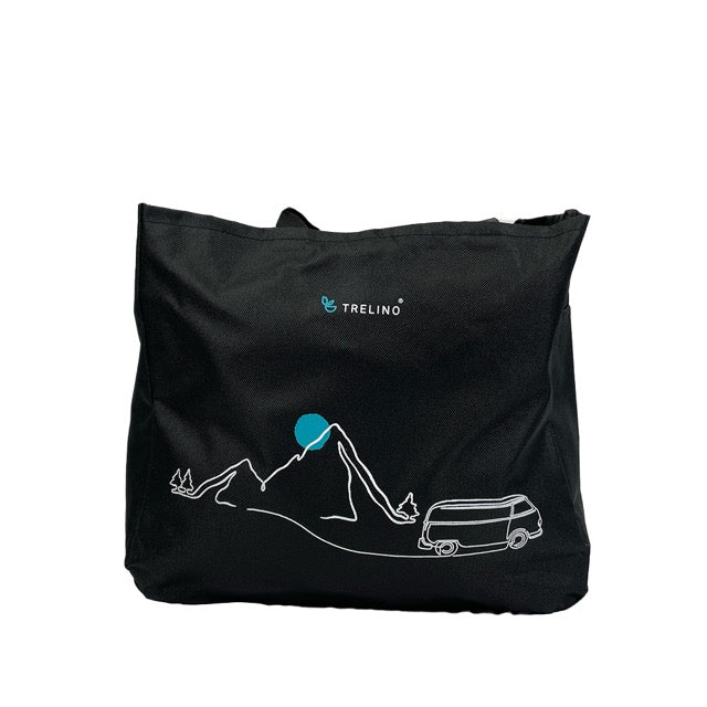 Schwarze Trelino® Urinkanistertasche aus Stoff mit weißem Berg- und Van-Motiv, 16 Liter Fassungsvermögen.
