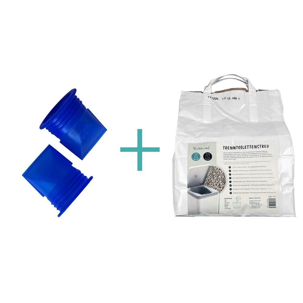 Zwei blaue Membrane Membranverschluss-Set und 7-Liter-Streu Tragegriff und Beschriftung.