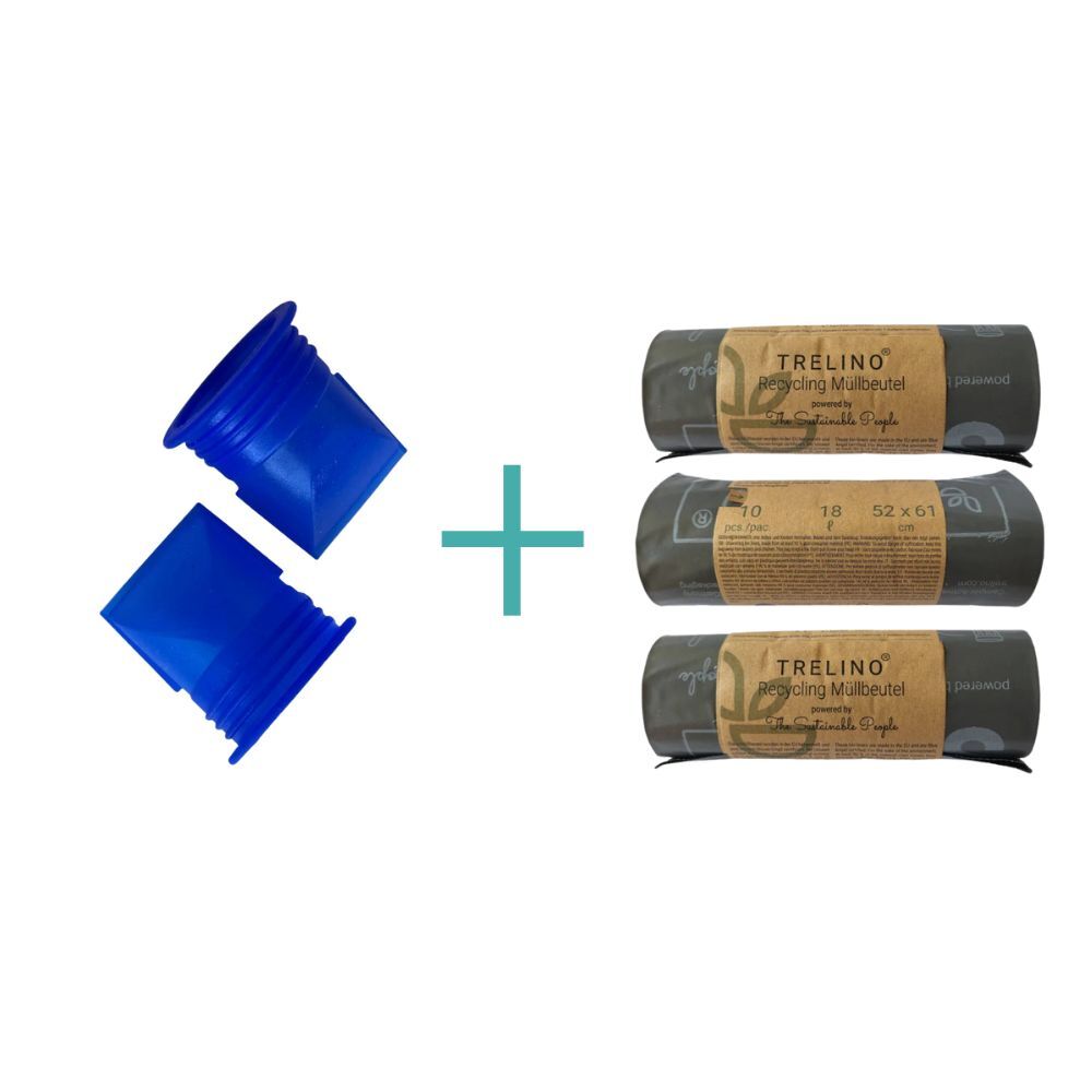 Blaue Membrane mit drei gerollten schwarzen Recyclingbeuteln, Trelino® Branding.
