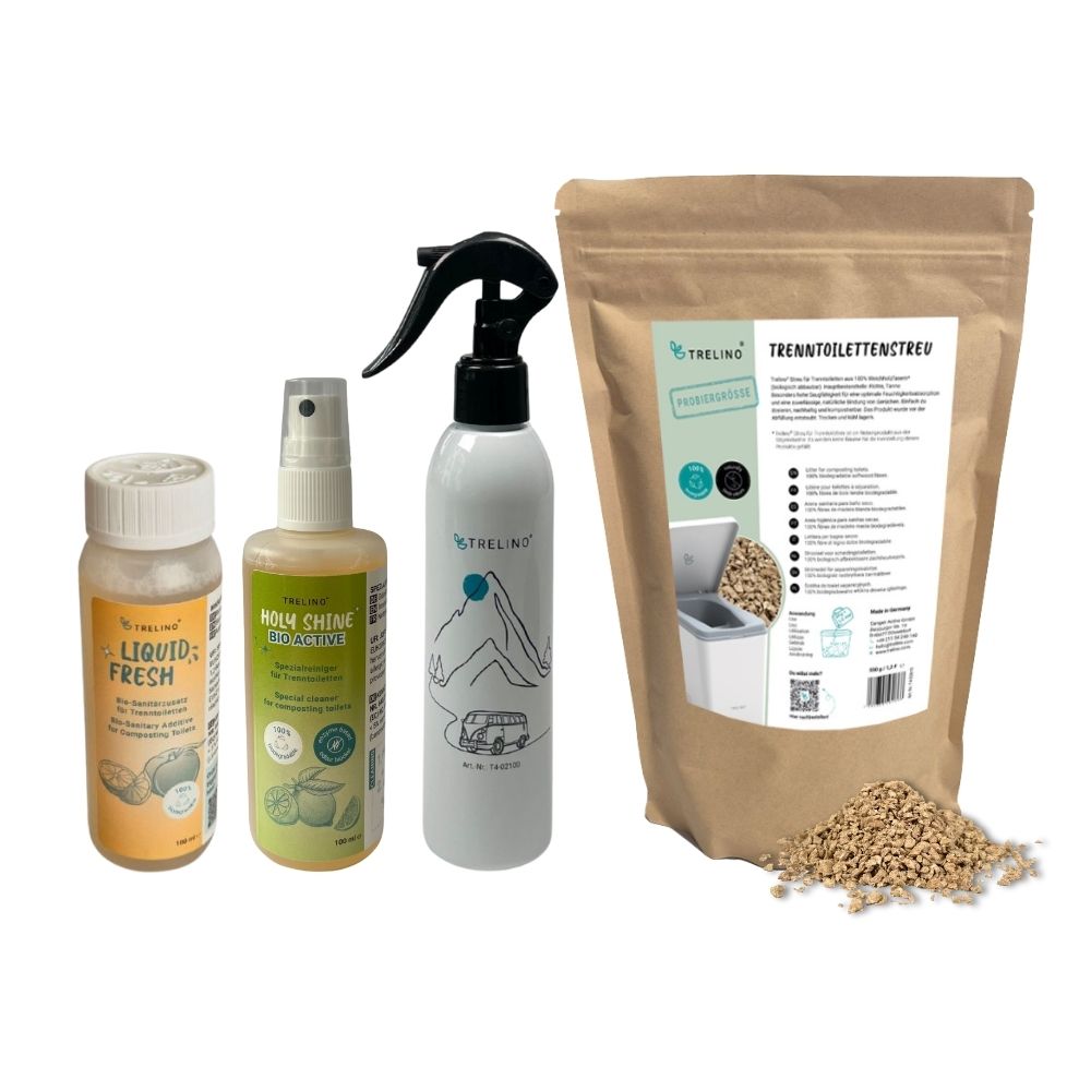 Set mit umweltfreundlichen Produkten für Trenntoilettenpflege und Geruchsbeseitigung.