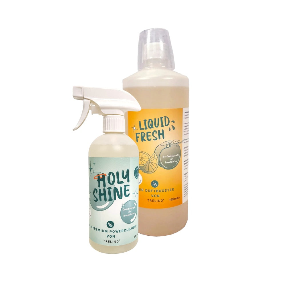 Zwei Reinigungsflaschen für Trenntoiletten, eine Flasche Holy Shine Bio Active, eine Flasche mit Messbecher Liquid Fresh.