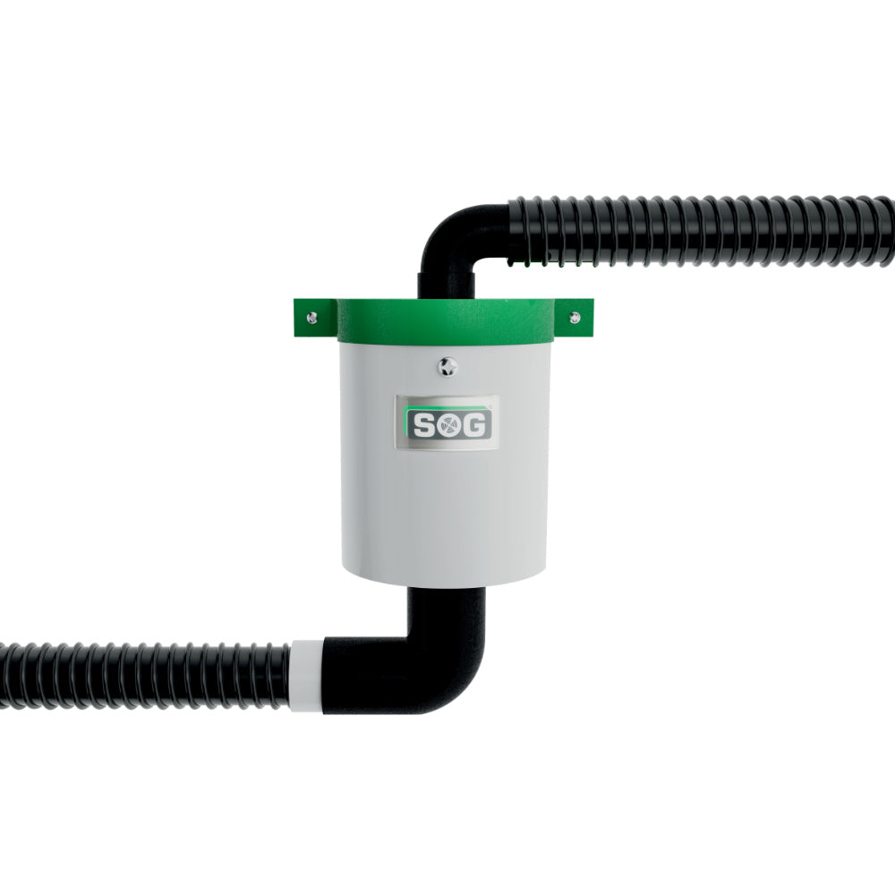 Weißes SOG TT Lüfterset mit grünem Deckel und schwarzen flexiblen Luftschläuchen.