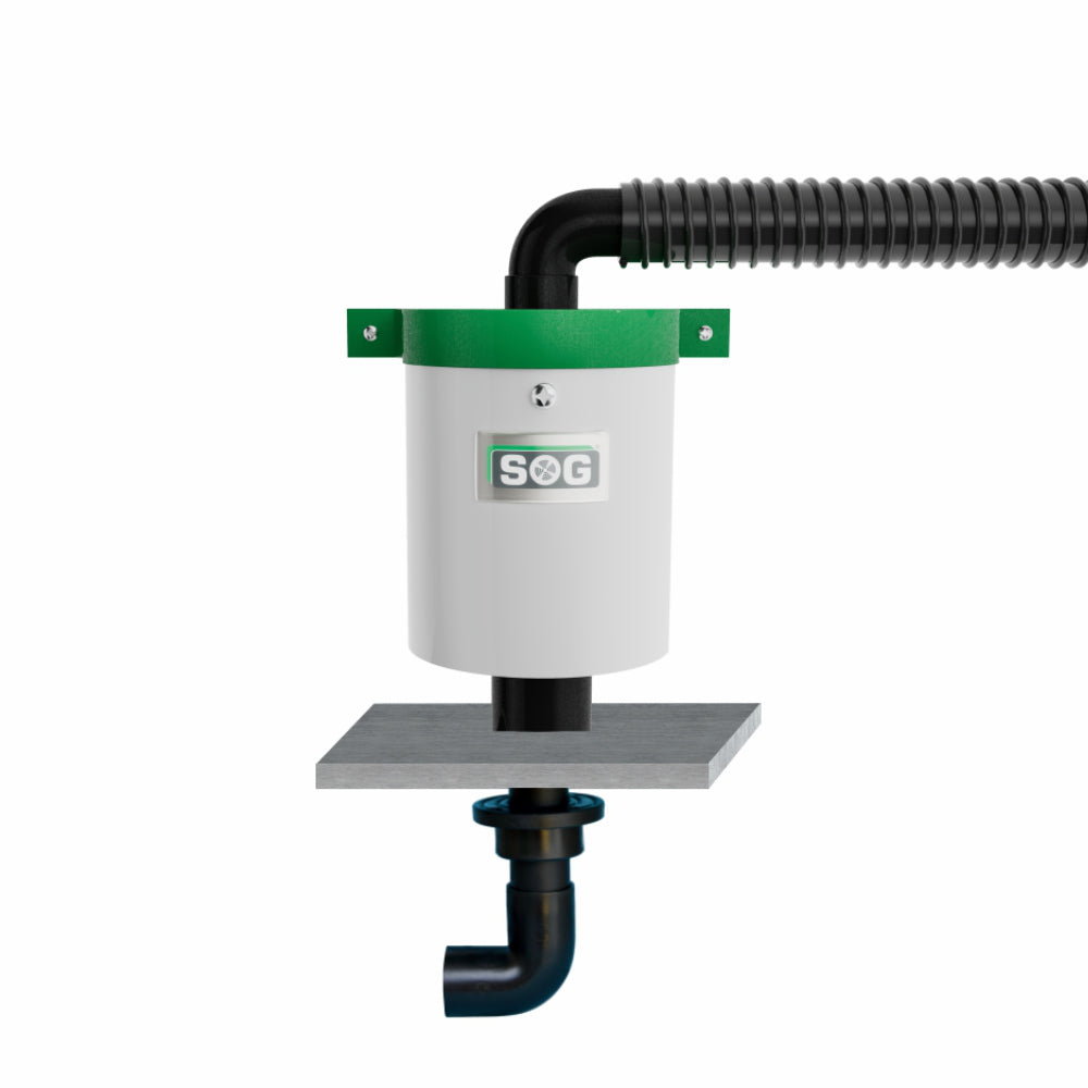 Weißes SOG TT Lüfterset mit schwarzem Rohr und Anschluss für Trenntoilette.