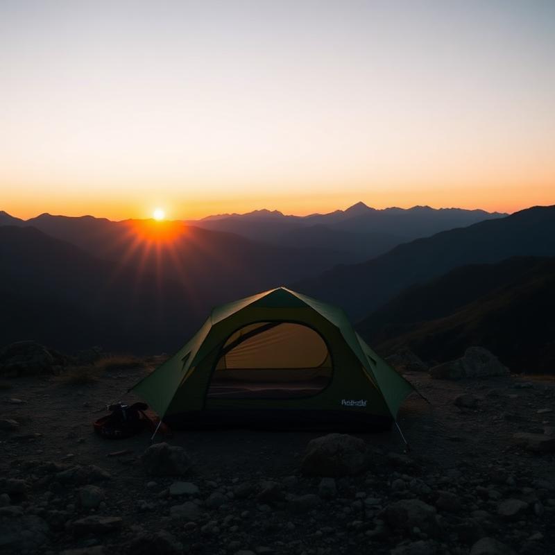 Zelten in den Bergen mit Sonnenuntergang am Horizont.