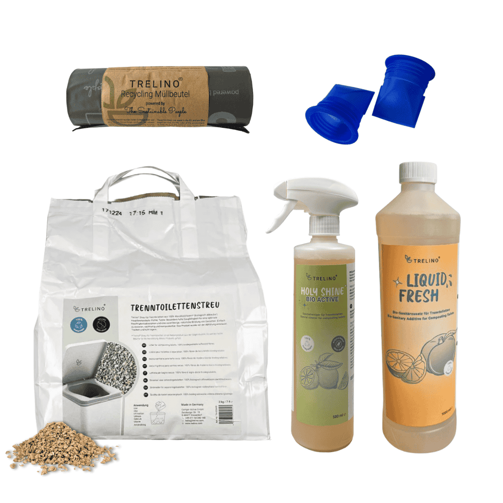 Komplettes Trelino® Worry-Free Set mit recycling Müllbeutel, zwei Membranen,, biologisch abbaubarem Citrus-Reiniger und Liquid Fresh.